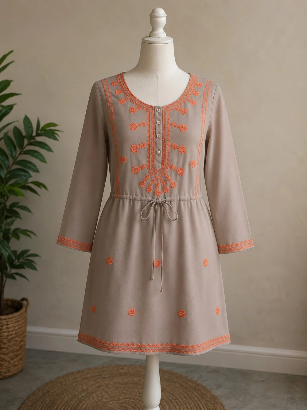 Esley Taupe Dress with Bright Embroidered Accents